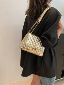 Stitching Metallic Glossy Flap Crossbody Bag
