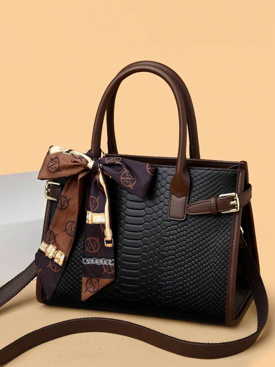 大容量蛇紋時尚手提包配圍巾裝飾和可調節肩帶 - 黑色 - 查看 1
