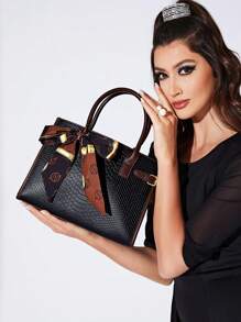 大容量蛇紋時尚手提包配圍巾裝飾和可調節肩帶 - 黑色 - 查看 2