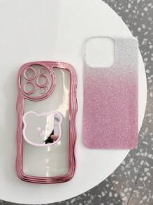 1pc Electroplated Anti-fall Phone Case With Bear-shaped Mirror & Stand + Sparkling Card Sticker + Latest Style Foldable Phone Stand, Compatible With Apple, Samsung, Xiaomi, Oppo, Vivo - Pink - View 2