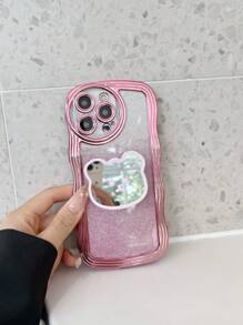 1pc Electroplated Anti-fall Phone Case With Bear-shaped Mirror & Stand + Sparkling Card Sticker + Latest Style Foldable Phone Stand, Compatible With Apple, Samsung, Xiaomi, Oppo, Vivo - Pink - View 1