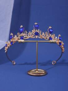 1pc Bride Simple & Exquisite Alloy Crown With Blue Rhinestones, Golden - Royal Blue - View 1