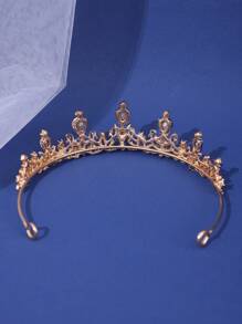 1pc Bride Simple & Exquisite Alloy Crown With Blue Rhinestones, Golden - Royal Blue - View 4