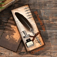 Vintage Style Gift Box Dip Pen & Feather Quill Ink Set, Creative Stationery Student Gift, Dip Ink Pen Back To School - Grey - View 2