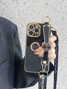 一套多功能电镀防摔手机壳，带金属隐藏支架、腕带和挂绳，兼容苹果、三星、小米、OPPO、vivo手机，国际版，非国内版 - 黑色 - 查看 1