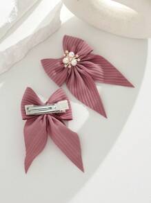 2pcs Pearl & Rhinestone Bowknot Hair Clips For Teen, Cute & Versatile Hair Accessories - Coral Pink - View 3