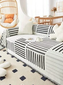 1入條紋花紋沙發巾,鉤織沙發墊,四季通用可洗沙發坐墊套,寵物耐刮耐髒,臥室辦公室客廳家庭裝飾 - 黑色 - 查看 1