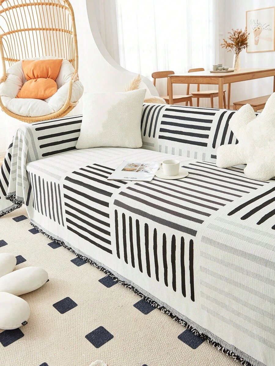 1入條紋花紋沙發巾,鉤織沙發墊,四季通用可洗沙發坐墊套,寵物耐刮耐髒,臥室辦公室客廳家庭裝飾 - 黑色 - 查看 1