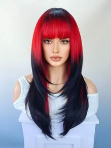 de ombré rojo a negro cosplay fiesta Pelucas sintéticas con tupe longitud mediana recto a capas Pelucas de pelo para mujeres resistente al calor Peluca - Degradado - Ver 1
