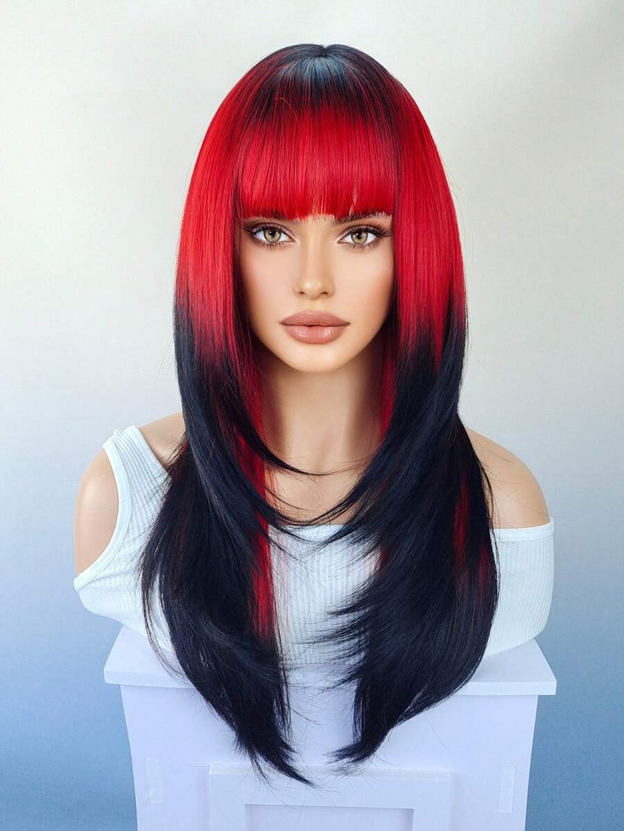 de ombré rojo a negro cosplay fiesta Pelucas sintéticas con tupe longitud mediana recto a capas Pelucas de pelo para mujeres resistente al calor Peluca - Degradado - Ver 1