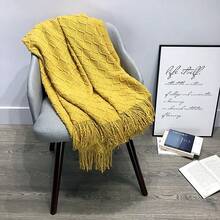 1 件純色柔軟沙發毯舒適流蘇披肩床罩床腳 - 黃色 - 查看 4