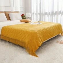 1 件純色柔軟沙發毯舒適流蘇披肩床罩床腳 - 黃色 - 查看 1