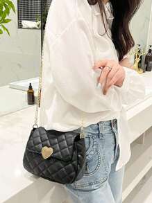 時尚多功能女性休閒可愛菱形圖案黑色鏈帶肩袋 - 黑色 - 查看 6