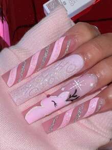 HO! HO! HO! Get Glamorous with 24pcs Long Square Press on nails Christmas nails Pink Deer Fall/winter Nail Silver Pink Striped Snowflake Fake Nail - Multicolor - View 1