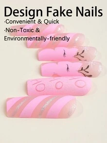 HO! HO! HO! Get Glamorous with 24pcs Long Square Press on nails Christmas nails Pink Deer Fall/winter Nail Silver Pink Striped Snowflake Fake Nail - Multicolor - View 3