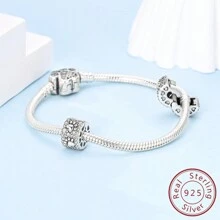 925純銀扣彩色鋯石cz鋪嵌結扣吊飾珠子,適用於原廠手鍊珠子