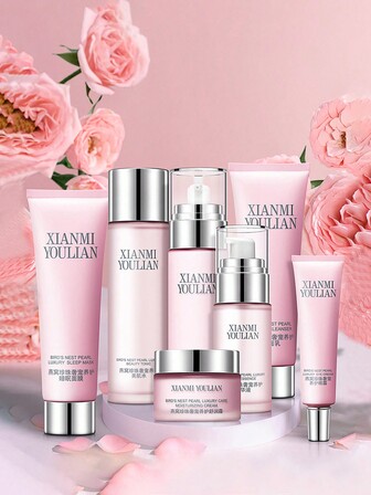 燕穗與珍珠保濕護膚套裝,7件裝,包括保濕乳液、調理液、乳液、精華液、眼霜、洗面奶、面膜,適用於情侶或節慶禮物