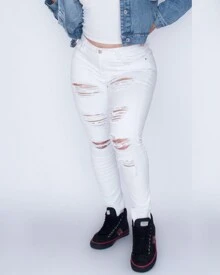 Jeans Mujer Blanco Ajustado Roto Stretch De Talle Alto - Blanco - Ver 1