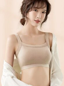 女士固定衬垫运动文胸 无钢圈无缝抹胸卡其色