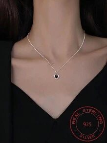 1 件銀 S925 純銀黑色心形吊墜項鍊,哥特式女士鎖骨鏈首飾 - 銀色 - 查看 3