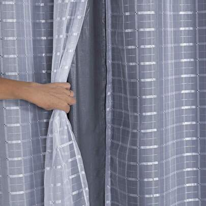Cortina Blackout PVC Cinza com Tecido Voil Xadrez 2,00 m largura (esticado) x 1,40 m altura