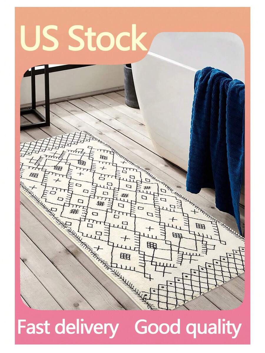 1pc Soft & Skin-Friendly Versatile Faux Cashmere Printed Rug, Black & White Simple Faux Cashmere Printed, Bathroom Non-Slip Absorbent Mat, Kitchen Decorative Mat, Bathroom Mat, Doormat - Black and White - View 1