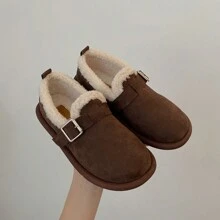 女士加厚絨面滑步鞋,厚實柔軟底部,保暖舒適,流行秋冬平底鞋 - 咖啡棕 - 查看 5