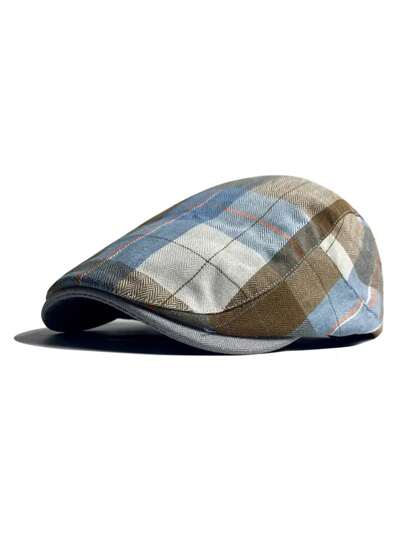 1pc New British Style Beret Hat With Breathable Plaid Pattern Cap & Polyester Fabric, Suitable For Forward Hat, Painter Hat, Golf Cap
