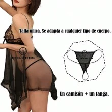 Set De Pijama Lencería Encaje Mujer Sexy Panty Tanga Babydoll Dama Vestido Camisón Ropa - Negro - Ver 2