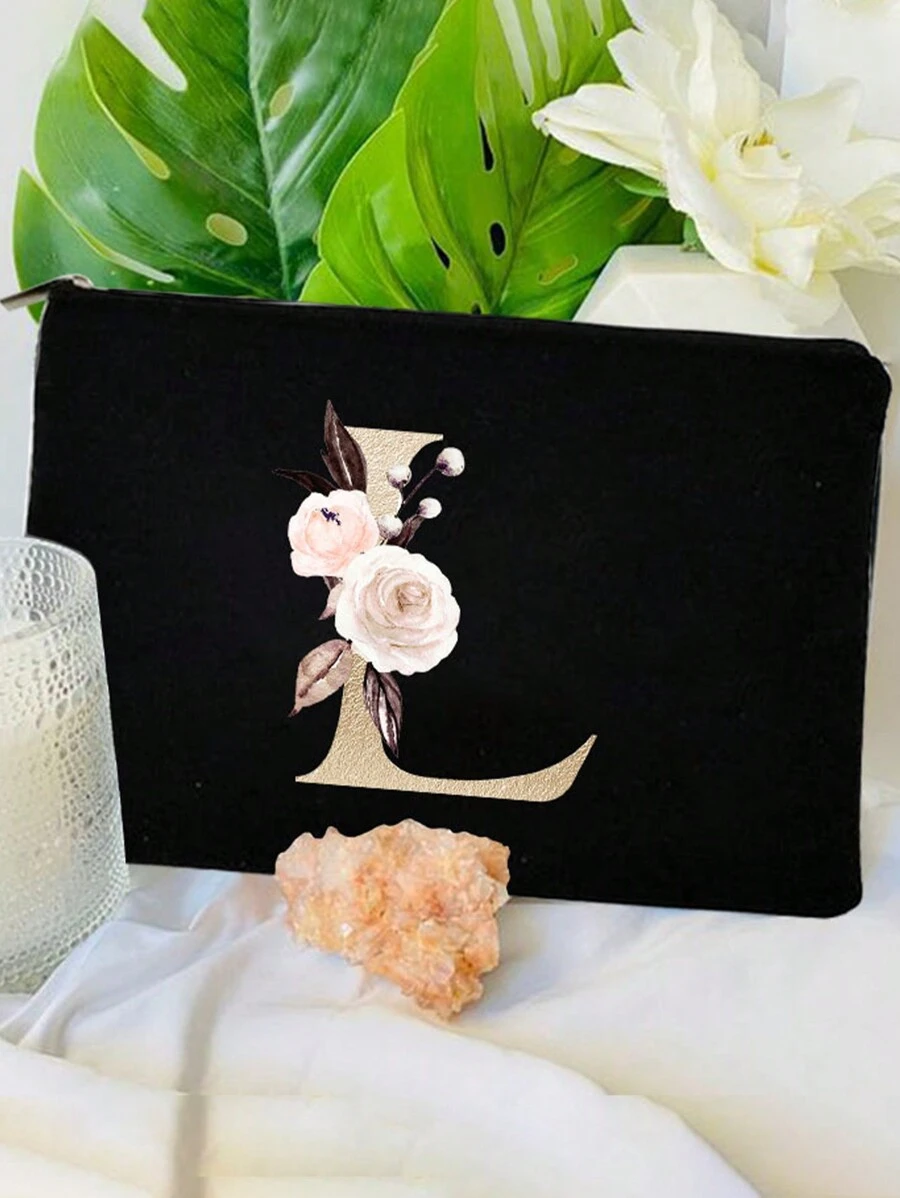 玫瑰和字母印花旅行化妝包,1入組大容量輕巧的化妝包浴袋多功能化妝品組織器可愛的手提錢包手袋夾可攜式化妝刷收納手提包,適用於唇膏,刷子,護膚品,手機,,小物品,適用於家庭,旅行,度假和學校使用 - 彩色 - 查看 1