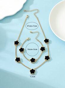 1pc Metal Clover Flower Bracelet & 1pc Necklace Set, Sweet And Lucky - Black - View 4