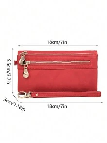 MIYIN 复古女士长款钱包，带腕带；简约对折大容量仿皮钱包，带拉链口袋；女士手拿包/手提包，带卡槽和身份证窗口；适合日常使用；红色 - 紅色 - 查看 4