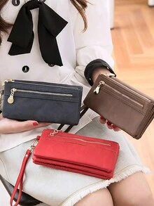 MIYIN 复古女士长款钱包，带腕带；简约对折大容量仿皮钱包，带拉链口袋；女士手拿包/手提包，带卡槽和身份证窗口；适合日常使用；红色 - 紅色 - 查看 3