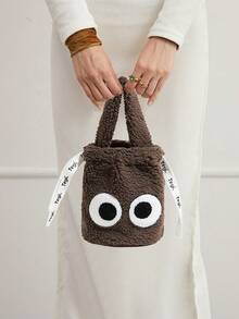 时尚人造毛皮水桶手提包，2024 秋冬新款轻便可爱毛绒大眼睛女士手提包 - 咖啡棕 - 查看 1