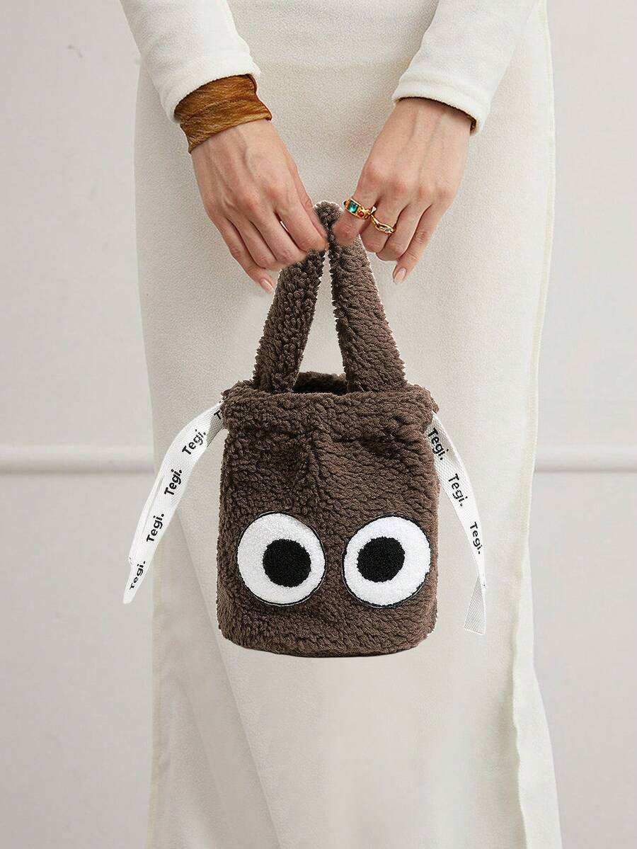 时尚人造毛皮水桶手提包，2024 秋冬新款轻便可爱毛绒大眼睛女士手提包 - 咖啡棕 - 查看 1