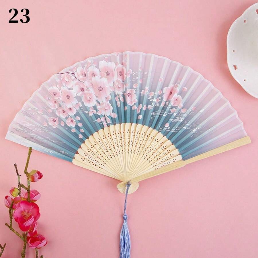 1入女士7英寸折疊扇,設有“一笑”圖案,中日風格手持扇適用於旗袍、角色扮演或其他場合 - 藍色 - 查看 1