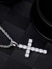 1pc Elegant Cubic Zirconia Cross Pendant Necklace, Gift For Women, Wedding Jewelry - Silver - View 4