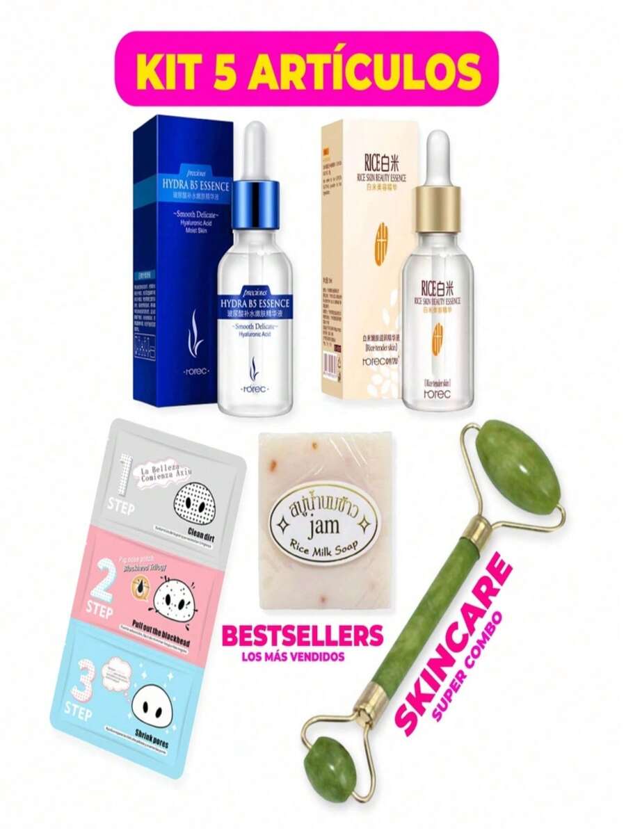 Skin Care Routine Kit 1 Rice Exfoliating Soap + 1 Hyaluronic Acid + 1 Rice Serum + 1 Jade Roller + 1 Mask 3 Steps Blackhead Remover 5 Pieces Skin Care - one-size - View 1