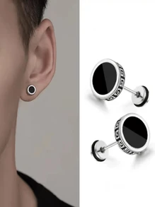 1pair Black Great Wall Pattern Earrings Suitable For Men And Women Daily Wear - Black - View 1