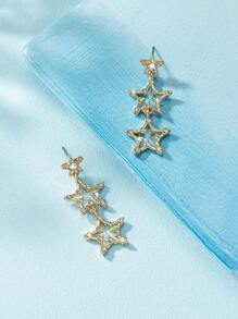 1pair Metallic Party Style Full Rhinestone Star Shaped Dangle Earrings, Party Gift - Yellow Gold - View 3