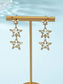 1pair Metallic Party Style Full Rhinestone Star Shaped Dangle Earrings, Party Gift - Yellow Gold - View 2