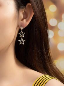 1pair Metallic Party Style Full Rhinestone Star Shaped Dangle Earrings, Party Gift - Yellow Gold - View 1