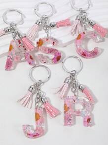 Boho 1pc Ladies' Crystal Drop Jelly, Glittering Alphabet Detail Tassel Keychain - Pink - View 3