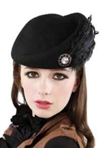 羊毛帽英倫風雙花貝雷帽,適用於冬季 - 黑色 - 查看 2