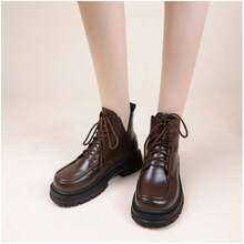 女式秋冬時尚圓頭厚底休閒短靴 - 棕色 - 查看 9