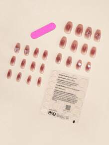 Upgrade Your Look With 24pcs Short Coffin Butterfly & Rhinestone Decor Full Cover Fake Nail Kit With Dead Skin Scraper & Jelly Glue - Multicolor - View 2