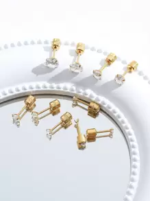 1 對男女圓形雙端方晶鋯石不銹鋼耳釘 - 金色 - 查看 3