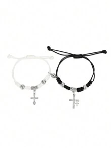 2入組歐美風格創意black And White情侶bff手環,手工編織繩索吊墜套裝手鐲情人節送禮佳品 - 彩色 - 查看 3