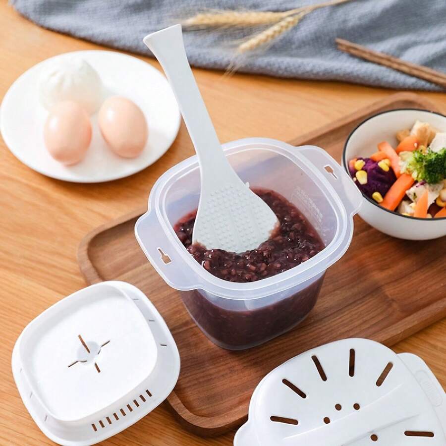 1pc New Double Handle Rice Cooker With Lid And Draining Hole, Microwaveable, Great For Brown Rice, Refrigeration, And Steaming - White - View 1