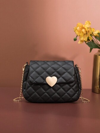 Fashionable Versatile Women's Casual Cute & Sweet Rhombus Pattern Black Shoulder Bag With Chain Strap Valentines